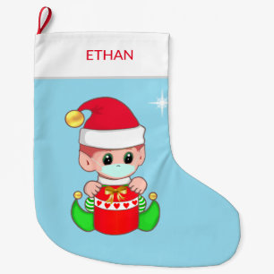 Christmas elf with face mask on light blue large christmas stocking