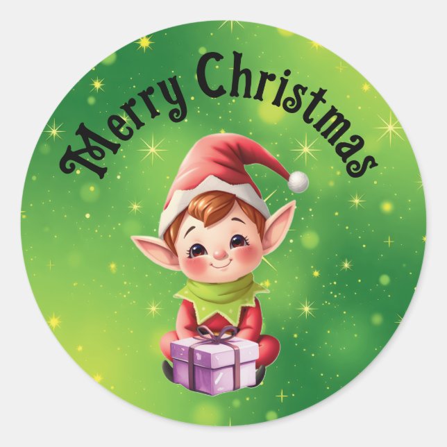 Christmas Elf with Green Background Round stickers (Front)