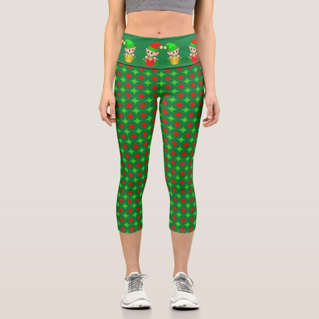 Christmas elf with green red diamond star pattern  capri leggings (Front)