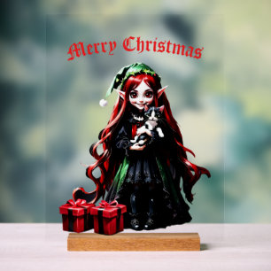 Christmas Elf with Kitten. Acrylic Sign