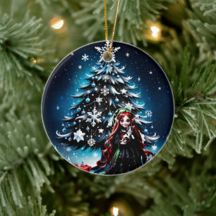 Christmas Elf with Kitten. Ceramic Tree Decoration