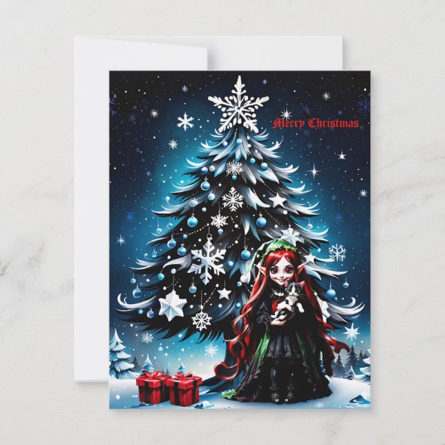 Christmas Elf with Kitten. Holiday Card (Front)