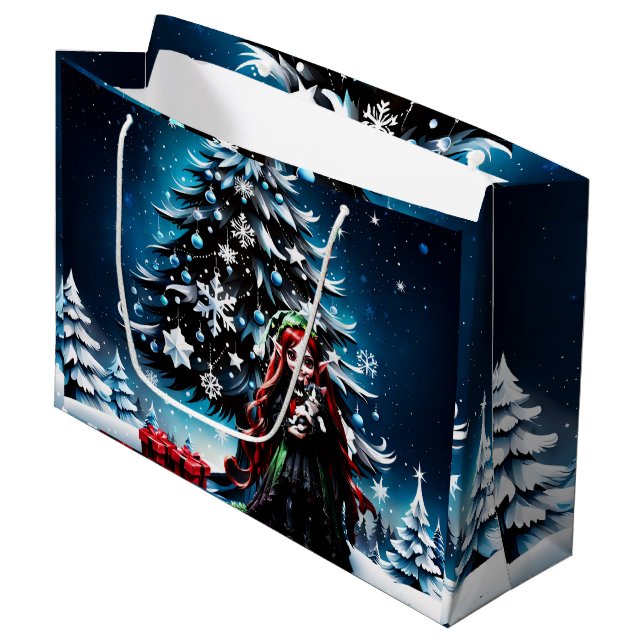 Christmas Elf with Kitten.  Large Gift Bag (Front Angled)