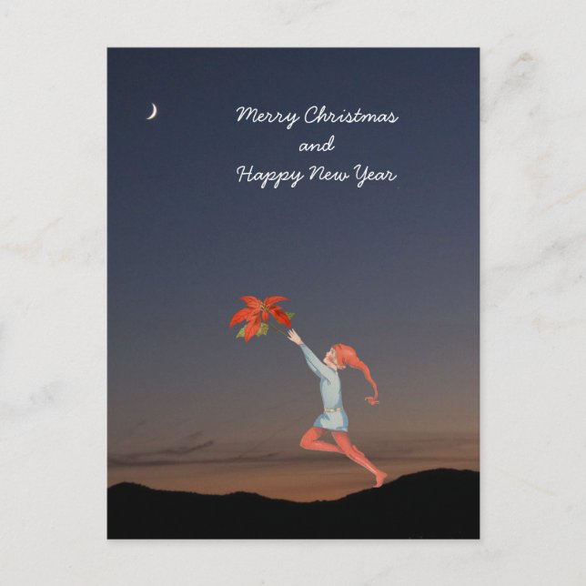Christmas elf with poinsettia on dark blu sky holiday postcard (Front)