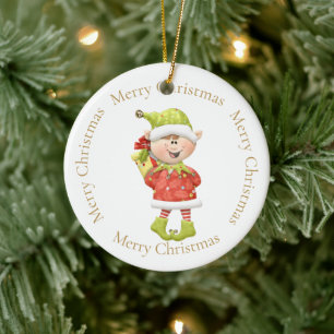 Christmas Elf with Present Ceramic Tree Decoration