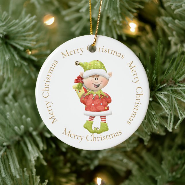 Christmas Elf with Present Ceramic Tree Decoration (Tree)