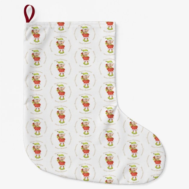 Christmas Elf with Present Large Christmas Stocking (Front)