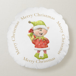 Christmas Elf with Present Round Cushion