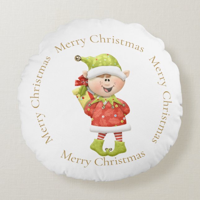 Christmas Elf with Present Round Cushion (Front)