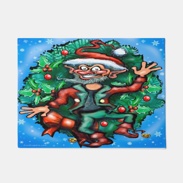 Christmas Elf with Wreath Doormat (Front)