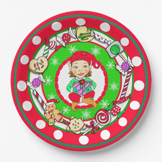 Christmas Elfs Whimsical Candy Polka Dot Paper Plate (Front)