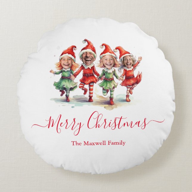 Christmas elves 4 photos family name round cushion (Front)