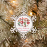 Christmas elves 4 photos snowflake pewter christmas ornament<br><div class="desc">Cute dancing Christmas elves snowflake with 4 photos. Personalise with photos and family name.</div>