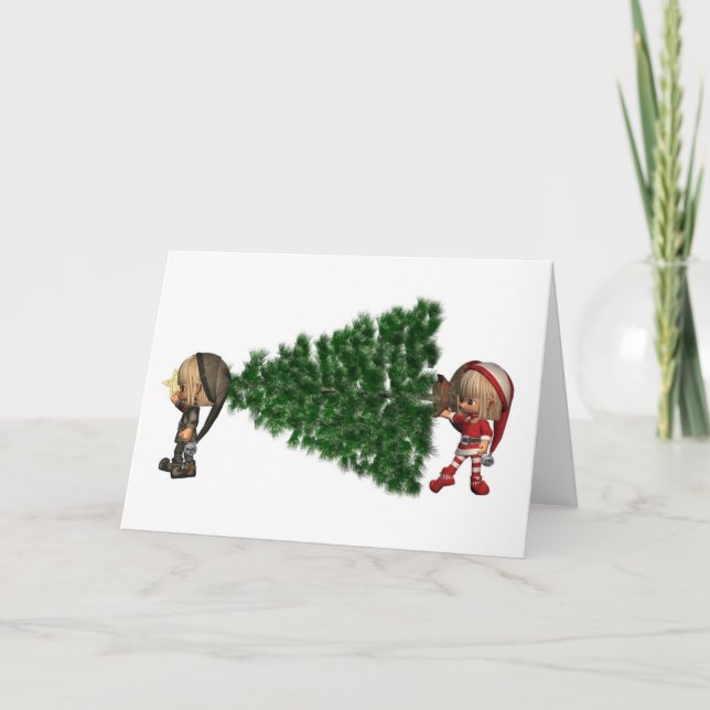 Christmas Elves - bring in the tree Holiday Card (Front)