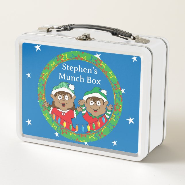 Christmas Elves Dark Hair Metal Lunch Box (Front)