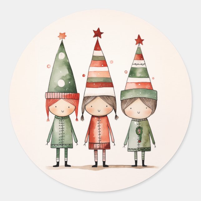Christmas Elves in Festive Hats Classic Round Sticker (Front)
