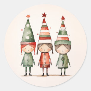 Christmas Elves in Festive Hats Classic Round Sticker