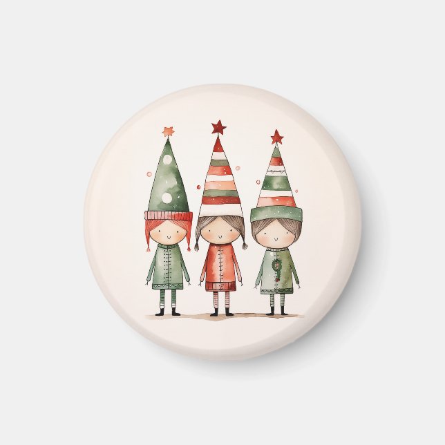 Christmas Elves in Festive Hats Magnet (Front)