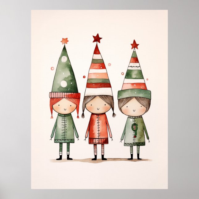 Christmas Elves in Festive Hats Poster (Front)