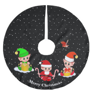 Christmas Elves on Black Brushed Polyester Tree Skirt