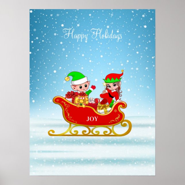 Christmas Elves on Sleigh with Presents Poster (Front)