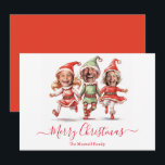 Christmas elves photo holiday card<br><div class="desc">Cute dancing christmas elves with Holiday Card with place for 3 photos. Personalise with photos and family name.</div>