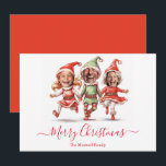 Christmas elves photo holiday card<br><div class="desc">Cute dancing christmas elves with Holiday Card with place for 3 photos. Personalise with photos and family name.</div>