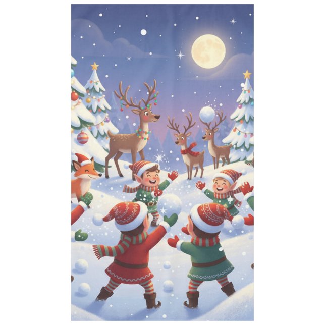 Christmas Elves & Reindeer Whimsical Winter Tablecloth (Front)