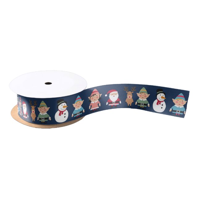 Christmas Elves, Santa and Snowmen Navy Blue Satin Ribbon (Spool)