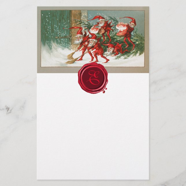 CHRISTMAS ELVES SWEEPING SNOW Wax Seal Monogram Stationery (Front)