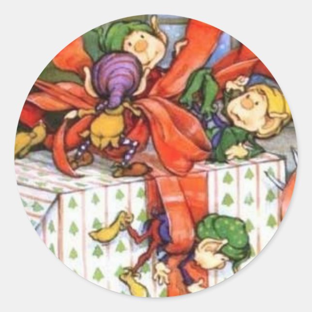 Christmas Elves Wrapping Gift Sticker (Front)
