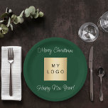 Christmas emerald green cafe bar business logo paper plate<br><div class="desc">A classic emerald green coloured background. Personalise and add your business,  company logo. Text: Merry Christmas. Happy New Year!
For company events,  parties,  marketing,  promotion.</div>