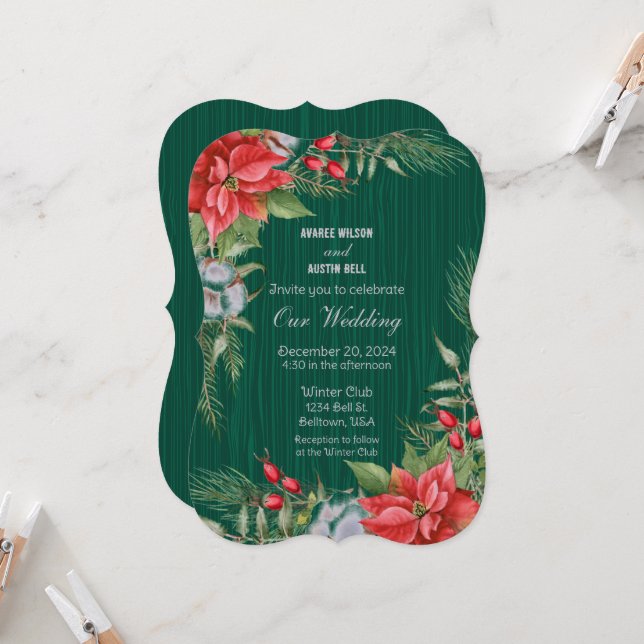 Christmas Emerald Green Poinsettia  Invitation (Front/Back In Situ)