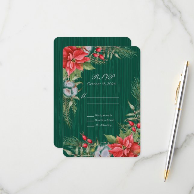 Christmas Emerald Green Poinsettia  RSVP Card (Front/Back In Situ)
