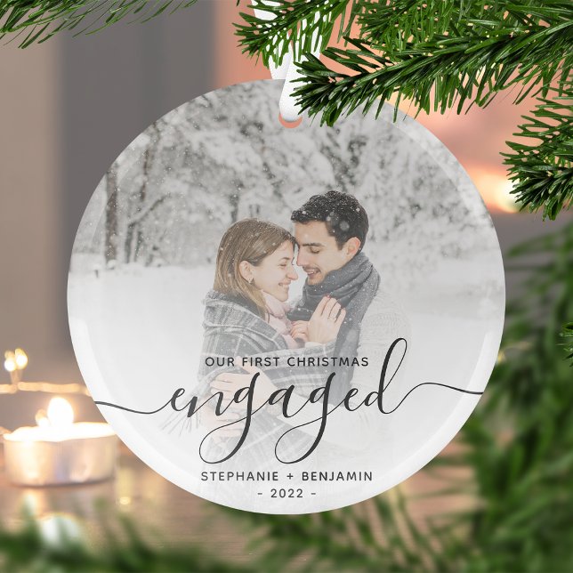 Christmas Engaged Custom Photo Grey Script Glass Tree Decoration (Creator Uploaded)