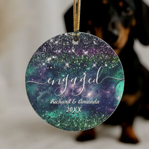 Christmas engaged married purple green glitter ceramic tree decoration