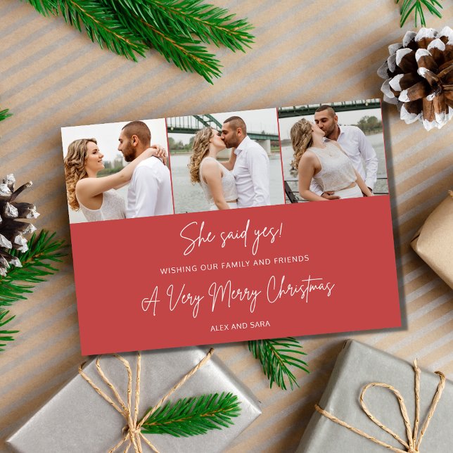 Christmas Engagement Three Photo Holiday (Christmas Engagement Three Photo Holiday Card)