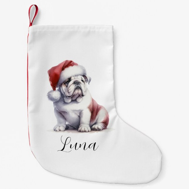 Christmas English Bull Dog Santa Hat  Small Christmas Stocking (Front)