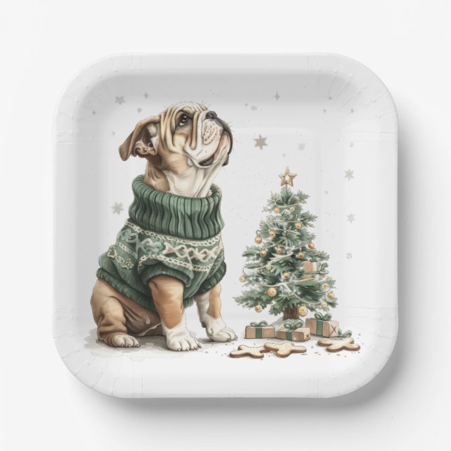 Christmas English Bulldog Christmas Tree Paper Plate (Front)