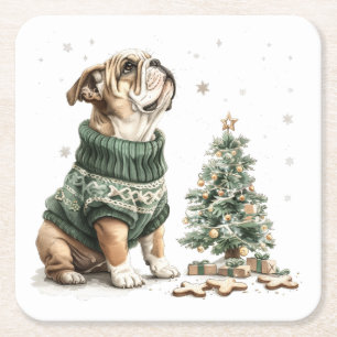 Christmas English Bulldog Christmas Tree Square Paper Coaster