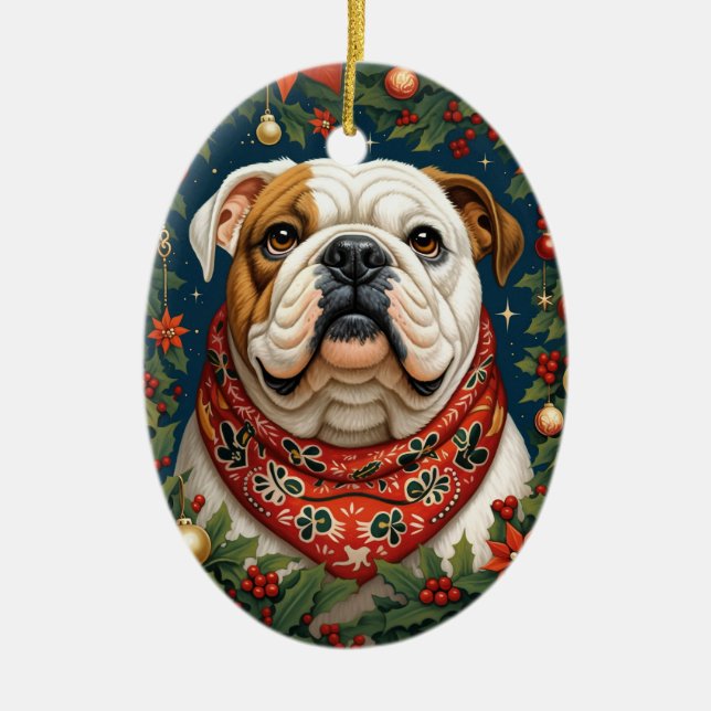 Christmas English Bulldog Dog Ceramic Tree Decoration (Front)