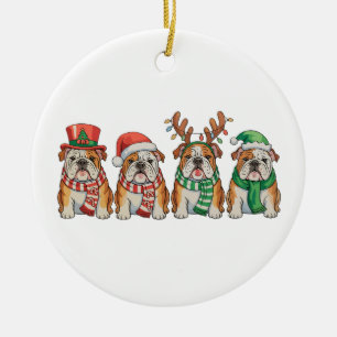 Christmas English Bulldog Dog Santa Hat Reindeer Ceramic Tree Decoration