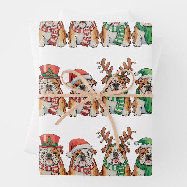 Christmas English Bulldog Dog Santa Hat Reindeer Wrapping Paper Sheet (In situ)