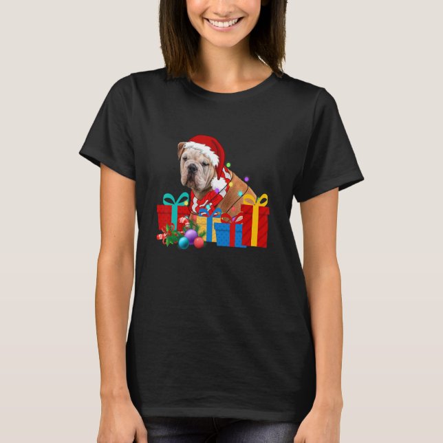 Christmas English Bulldog Dog Xmas Lights Santa Ha T-Shirt (Front)