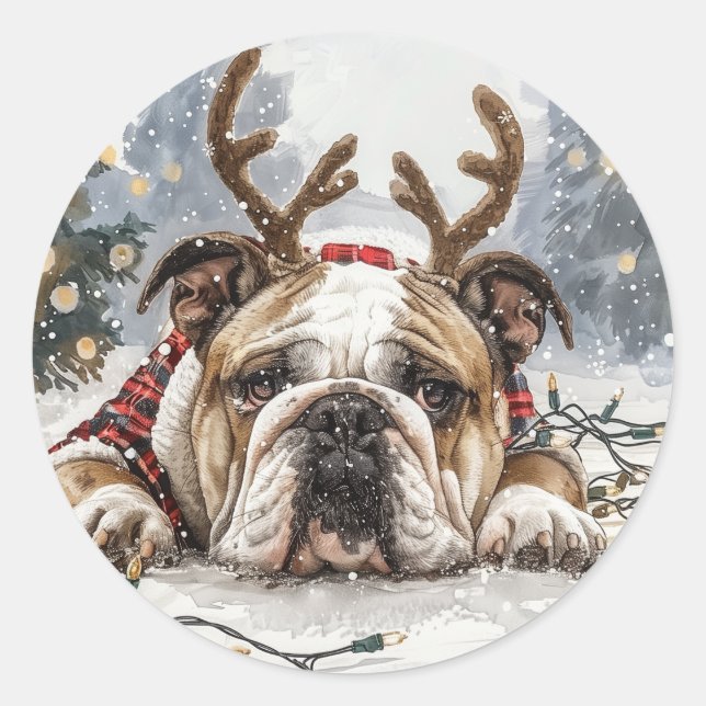 Christmas English Bulldog Reindeer Classic Round Sticker (Front)