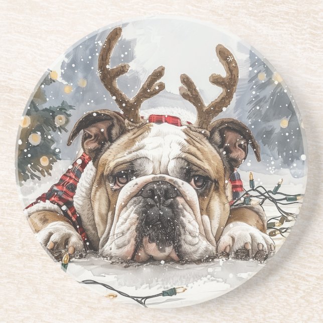 Christmas English Bulldog Reindeer Coaster (Front)