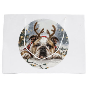 Christmas English Bulldog Reindeer Large Gift Bag
