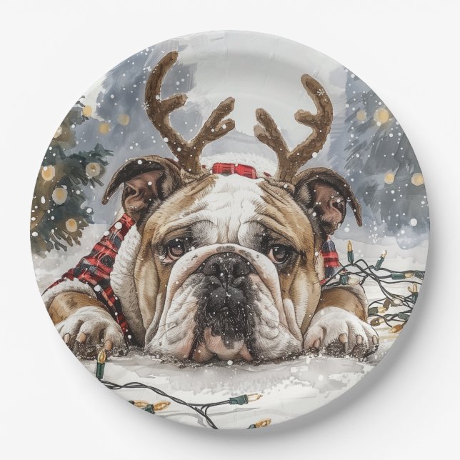 Christmas English Bulldog Reindeer Paper Plate (Front)