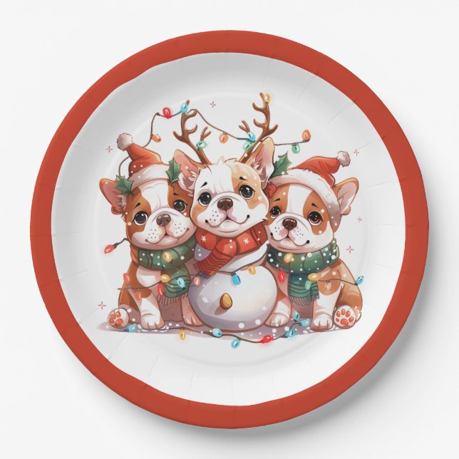 Christmas English Bulldog Reindeer Santa Paper Plate (Front)
