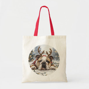 Christmas English Bulldog Reindeer Tote Bag